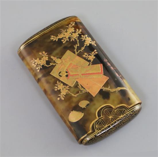 A Japanese gilt lacquered tortoiseshell cigar case, Meiji period, H. 12cm